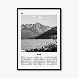 Plakat z Idaho, czarno-biały wydruk fotograficzny, grafika ścienna z gazety podróżniczej, wystrój domu