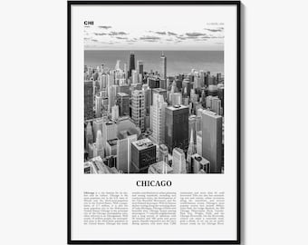 Chicago Poster, Black and White Photo Print, Travel Newspaper Wall Art, Home Decor