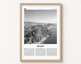 Pôster do México, impressão em preto e branco, arte de parede da costa de Cabo San Lucas.