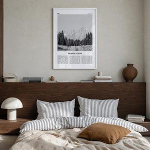 Grand Teton National Park Poster, Black and White Photo Print, Travel Newspaper Wall Art Premium White Wood Frame