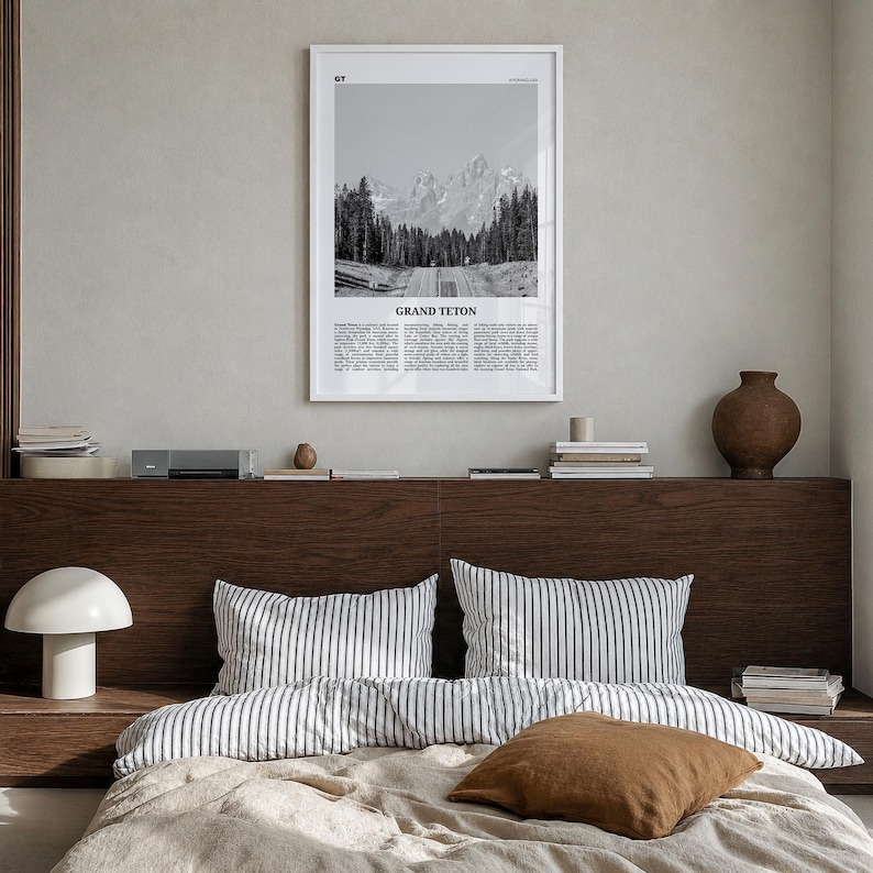 Grand Teton National Park Poster, Black and White Photo Print, Travel Newspaper Wall Art Premium White Wood Frame