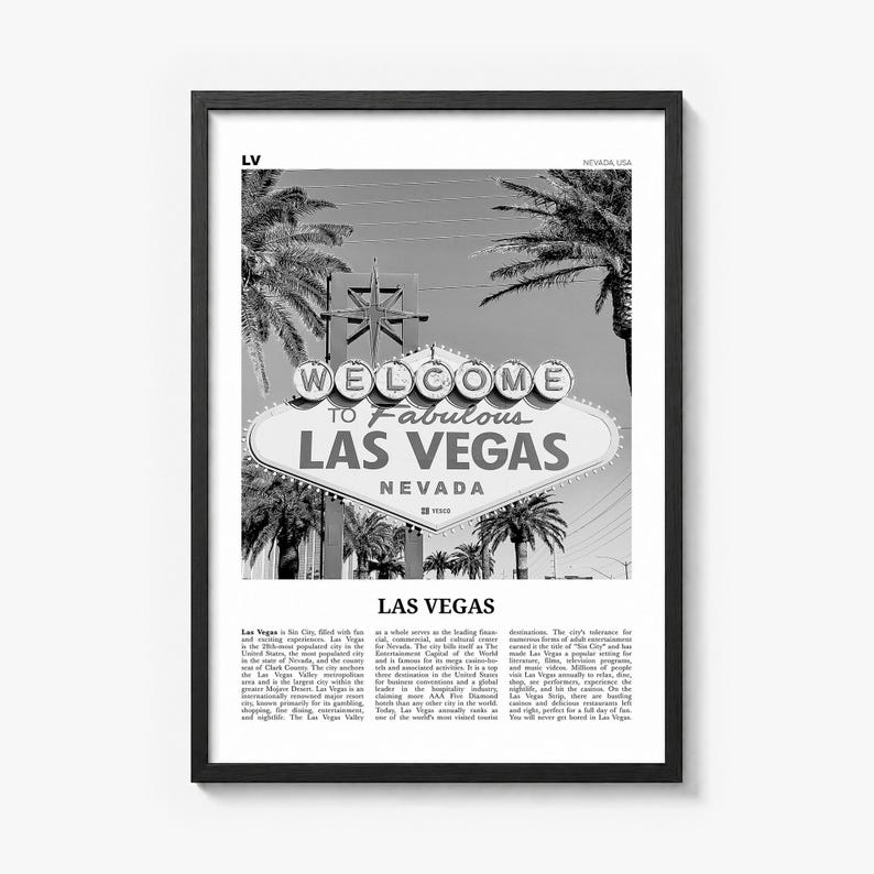 Las Vegas Poster, black and white palm photo print in a black wood frame