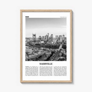 Nashville Poster, black and white skyline photo print in a natural wood frame