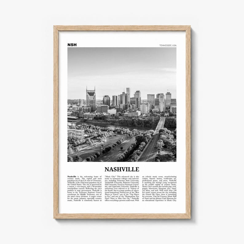 Nashville Poster, black and white skyline photo print in a natural wood frame