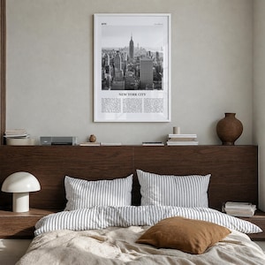 New York City Poster, Black and White Photo Print, Travel Newspaper Wall Art Premium White Wood Frame