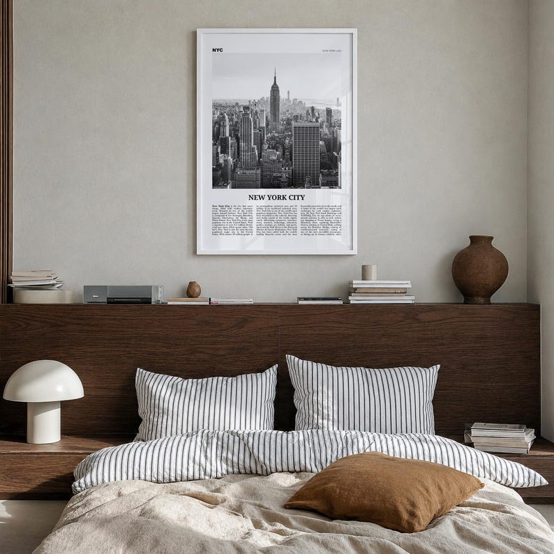 New York City Poster, Black and White Photo Print, Travel Newspaper Wall Art Premium White Wood Frame