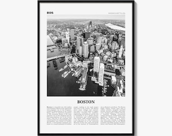 Könnte beinhalten: Ein schwarz-weiß gerahmter Wandkunstdruck mit einer Luftaufnahme der Stadt Boston, Massachusetts. Die obere linke Ecke zeigt den Text BOS, die obere rechte Ecke MASSACHUSETTS, USA, und die untere Mitte den Text BOSTON.