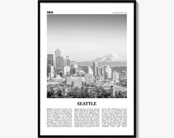Seattle Poster, Black and White Photo Print, Travel Newspaper Wall Art, Home Decor