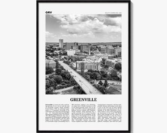 Póster de Greenville, impresión fotográfica en blanco y negro de Carolina del Sur, arte mural de periódico de viajes