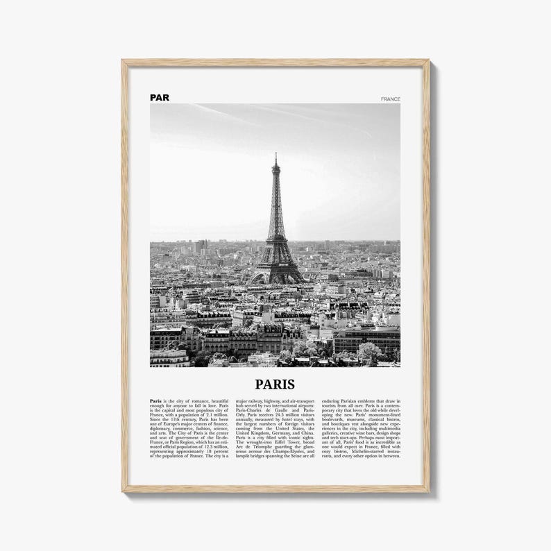 Paris Poster Print Black and White, Eiffel Tower Photo, France Travel Wall Art, Île-de-France image 1