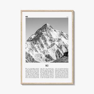 Impresión en blanco y negro del Monte K2, arte mural del Monte K2, póster del Monte K2, foto del Monte K2, impresión de póster del Monte K2, cordillera del Karakórum, Gilgit-Baltistán