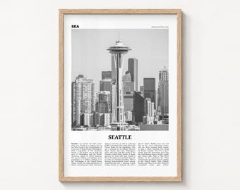 Seattle Poster Print, Black and White Space Needle Wall Art, Washington
