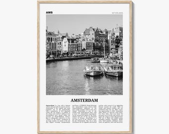 Amsterdam Poster Print Black and White, Netherlands Travel Wall Art, Dutch Canal Decor