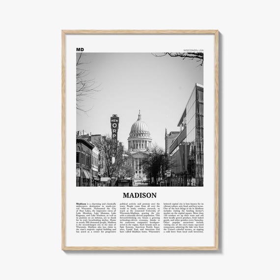 Madison Poster Print Black and White, Wisconsin State Capitol Photo, Midwest Travel Wall Art