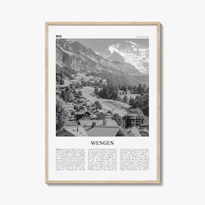 Wengen print zwart-wit, Wengen muurkunst, Wengen poster, Wengen foto, Wengen wanddecoratie, Wengen kaart, Zwitserland