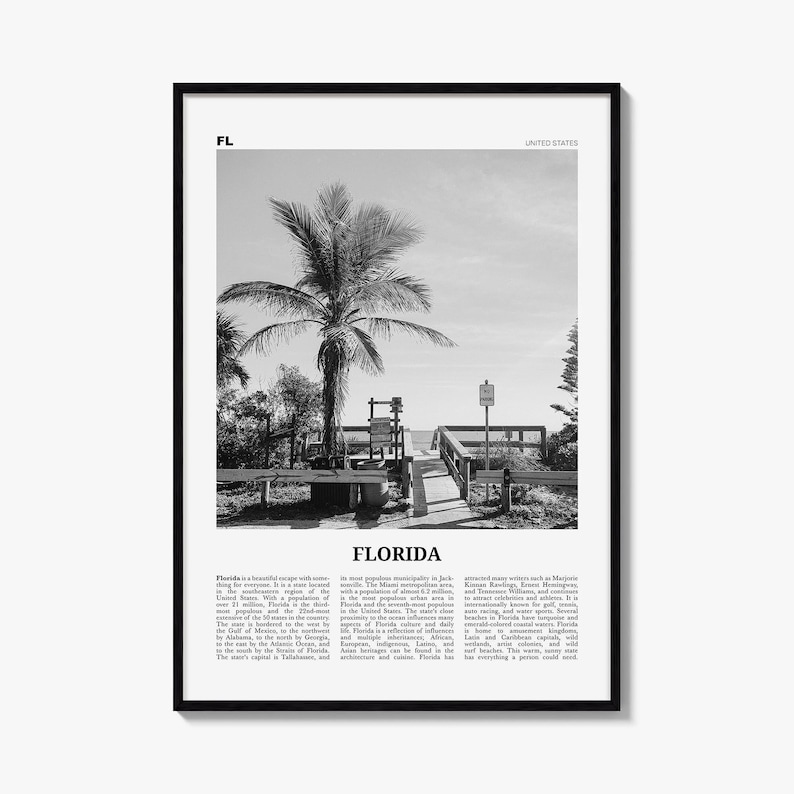 Florida Poster, Black and White Photo Print, Travel Newspaper Wall Art, Home Decor image 1