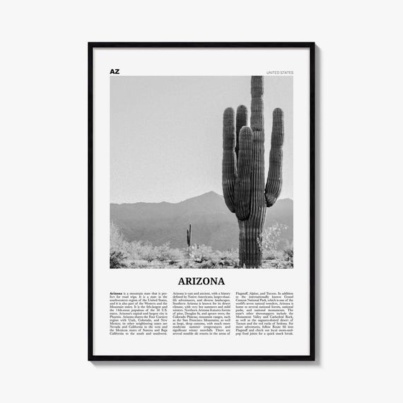 Arizona Poster, Black and White Photo Print, Travel Newspaper Wall Art, Home Decor