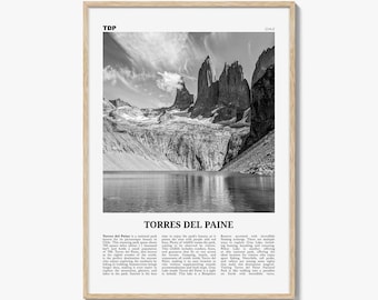 Torres Del Paine Poster Print Black and White, Chile Travel Wall Art, Patagonia Nature