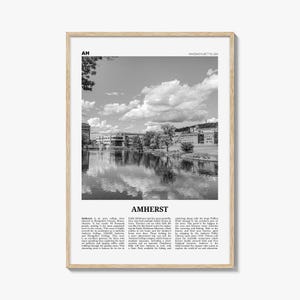 Amherst Poster Schwarz und Weiß, Massachusetts Reise Wandkunst, Flussufer Fotografie Dekor
