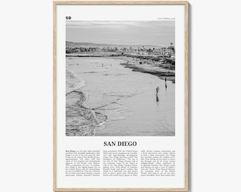 San Diego-afdruk zwart-wit nr. 1, San Diego-muurkunst, San Diego-poster, surfposterafdruk, Californië, VS, Verenigde Staten
