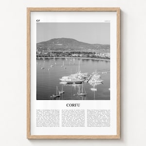 Corfu black and white poster print in a natural wood frame on a wall