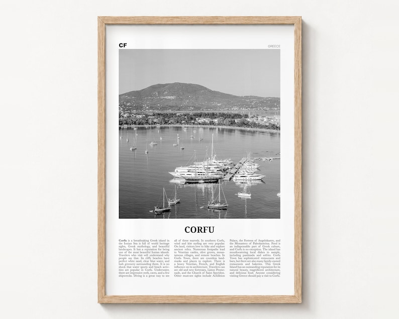 Corfu black and white poster print in a natural wood frame on a wall