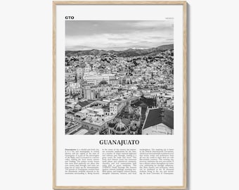 Póster de Guanajuato en blanco y negro, arte mural de viajes a México, fotografía de GTO
