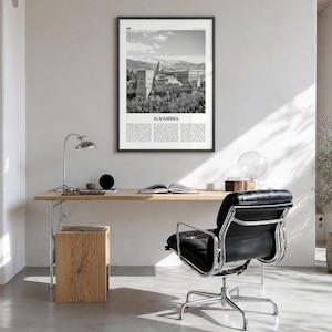 Alhambra Poster, black and white photo print in a black wood frame, hanging in a bright home office