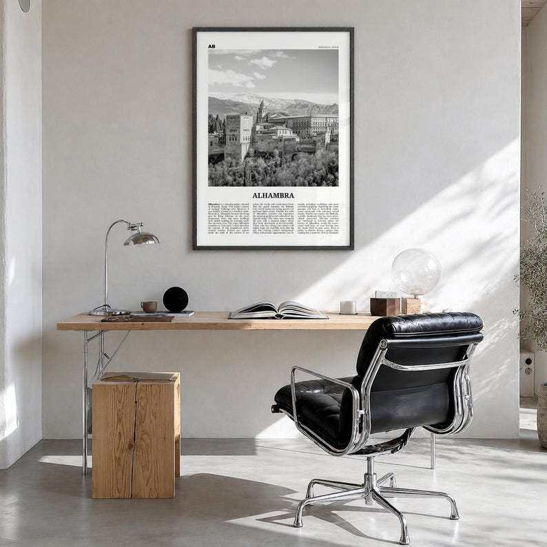 Alhambra Poster, black and white photo print in a black wood frame, hanging in a bright home office