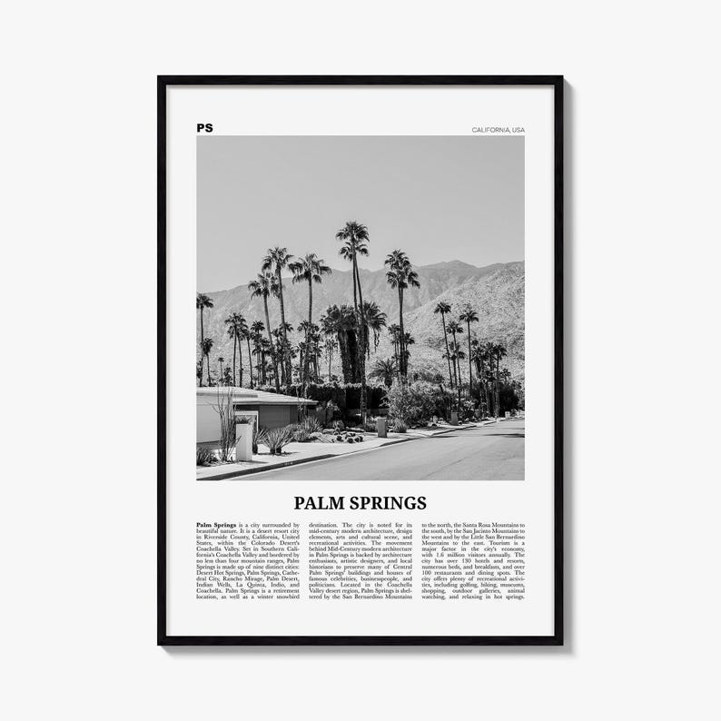 Palm Springs Poster, Black and White Photo Print, Travel Newspaper Wall Art, Home Decor image 1