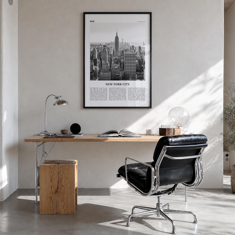 New York City Poster, Black and White Photo Print, Travel Newspaper Wall Art Premium Black Wood Frame