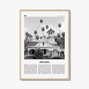 Póster de Arcadia en blanco y negro, arte mural de viajes por California, decoración del condado de Los Ángeles
