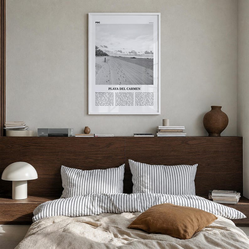 Playa del Carmen Poster, Black and White Photo Print, Travel Newspaper Wall Art Premium White Wood Frame