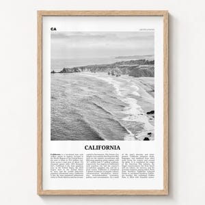 California Poster Print, Black and White Pacific Coast Beach Wall Art
