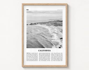 California Poster Print, Black and White Pacific Coast Beach Wall Art