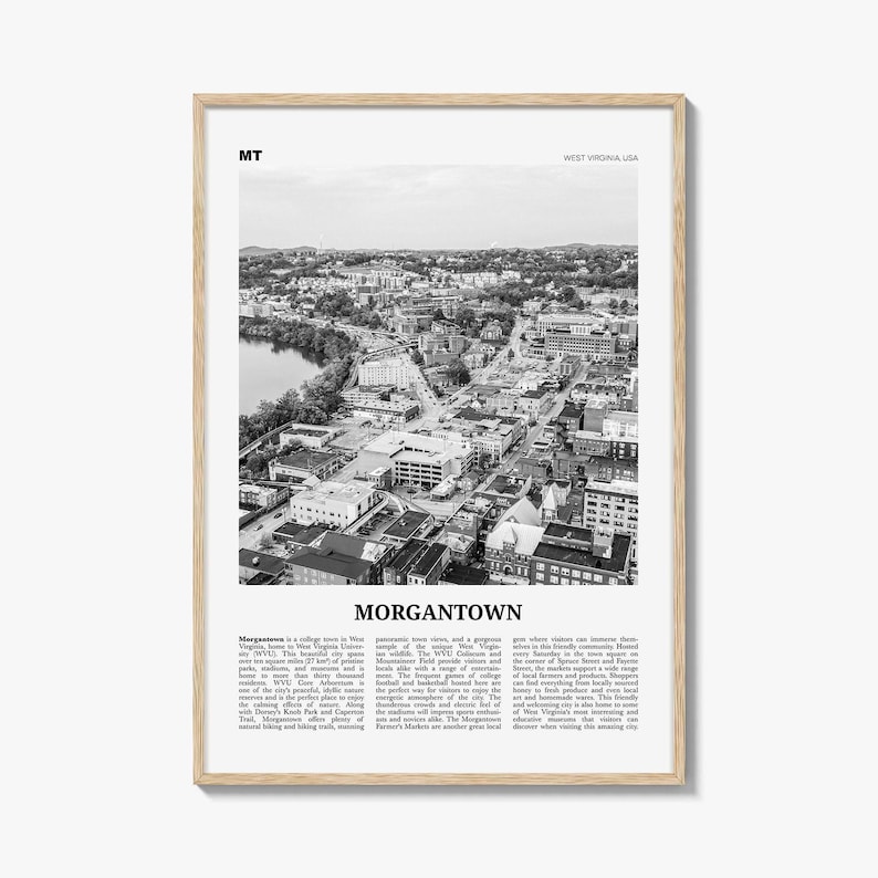 Morgantown Poster Print Black and White, West Virginia Travel Wall Art, USA City Decor image 1