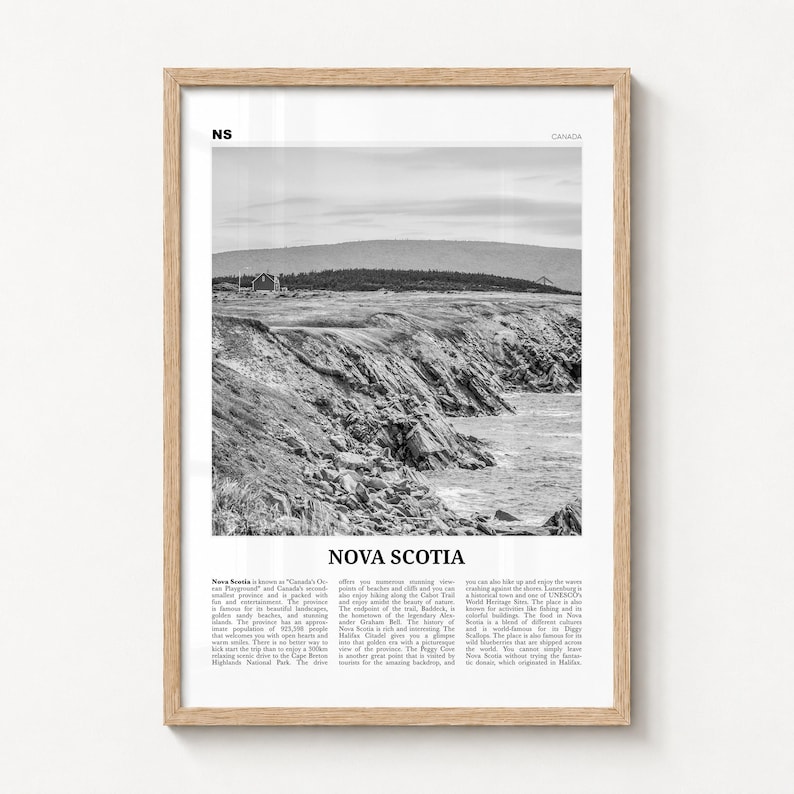Nova Scotia Poster, black and white photo print in a natural wood frame