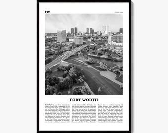 Fort Worth Poster, Black and White Photo Print, Travel Newspaper Wall Art, Home Decor