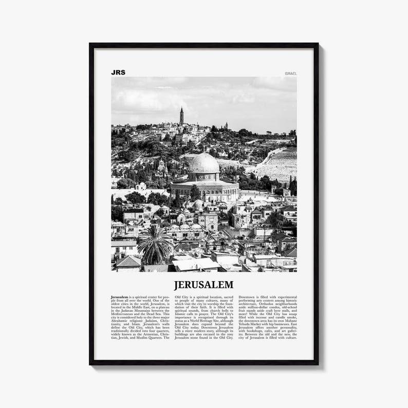 Jerusalem Poster, Black and White Photo Print, Travel Newspaper Wall Art, Home Decor image 1