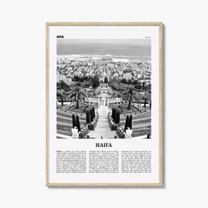 Póster de Haifa en blanco y negro, fotografía de los Jardines Bahá'í, arte mural israelí