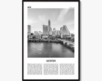 Austin Poster, Black and White Skyline Photo Print, Travel Newspaper Wall Art