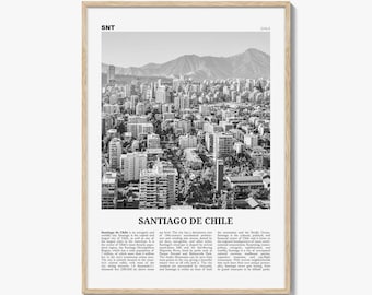 Póster de Santiago en blanco y negro, fotografía de la Cordillera de los Andes, arte mural de Chile.