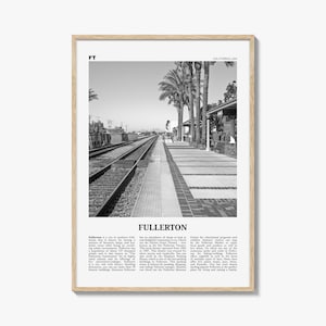 Fullerton Poster Schwarz und Weiß, Kalifornien Reise Wandkunst, Bahnhof Fotografie