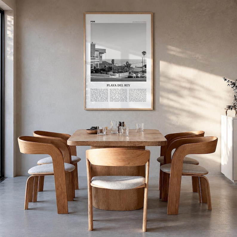 Playa del Rey Poster, Black and White Photo Print, Travel Newspaper Wall Art Premium Natural Wood Frame