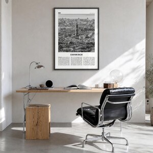 Edinburgh Poster, black and white photo print in a black wood frame, hanging in a bright home office