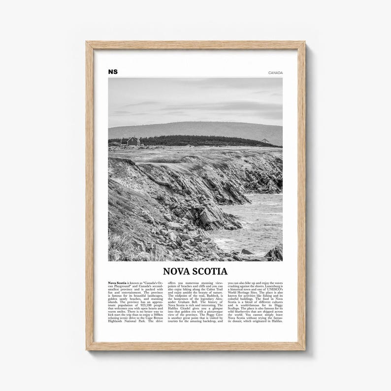 Nova Scotia Poster, black and white photo print in a natural wood frame