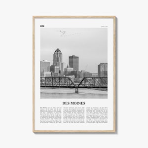 Des Moines Poster Print Black and White, Iowa Travel Wall Art, DM Skyline Decor