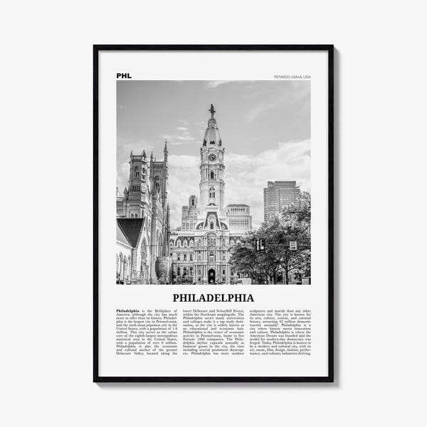 Philadelphia Poster, Black and White Photo Print, Travel Newspaper Wall Art, Home Decor