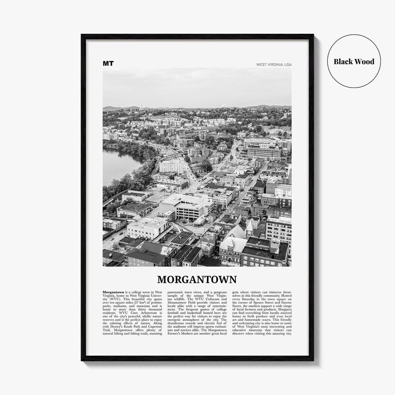 Morgantown Poster Print Black and White, West Virginia Travel Wall Art, USA City Decor image 7