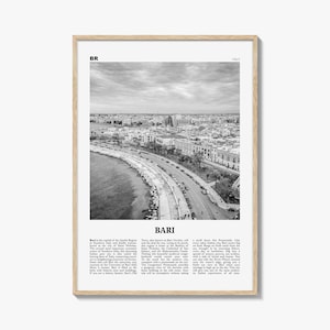 Pôster de Bari em preto e branco, arte de parede de viagem pela Itália, impressão da cidade costeira da Apúlia